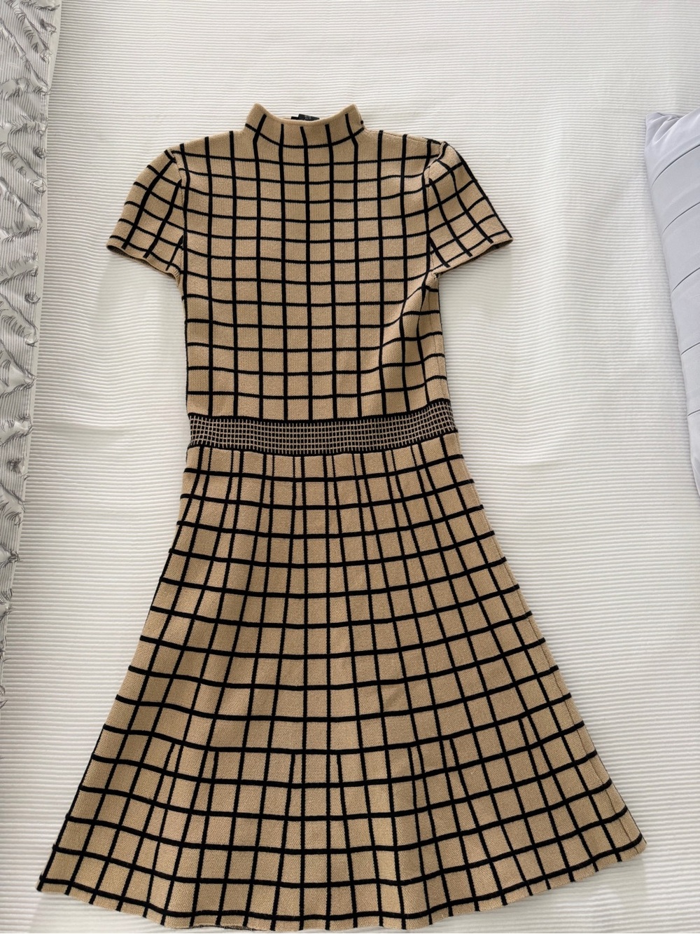Beige and Black Grid Knit Fit-and-Flare Dress